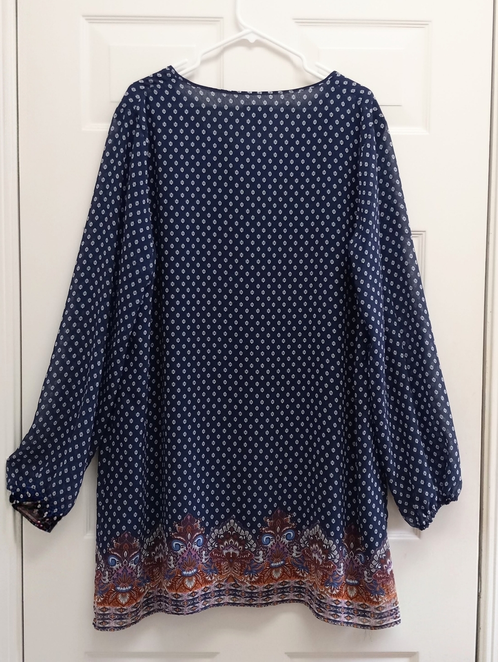 Long Tall Sally Boho Tunic Top Blue Size 16 Peasant Cottagecore Paisley Border - Picture 2 of 12